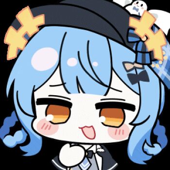 1girl :3 animated animated_gif artist_collaboration black_capelet black_hat blue_hair braid braided_hair_rings capelet chibi chibi_only chunye_haruya hair_rings hand_up hat laughing looking_at_viewer lowres mahou_shoujo_no_majo_saiban nekoyashiki_riri no_nose open_mouth rayman_limbs short_hair simple_background smile solo tachibana_sherry transparent_background upper_body yellow_eyes