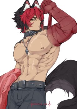 1boy abs animal_ear_fluff animal_ears artist_name belt black_hair grey_belt grey_pants hashtag-only_commentary highres komano_manato large_pectorals male_focus minos_06 multicolored_hair multiple_scars muscular muscular_male navel nipple_bar nipple_piercing nipples pants pectorals piercing red_eyes red_hair scar scar_on_chest scar_on_stomach short_hair simple_background solo spiked_belt tail topless_male white_background zenless_zone_zero