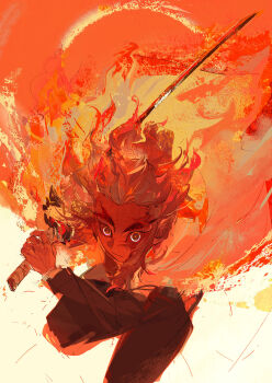 Rule 34 | 1boy, absurdres, arm up, black jacket, black pants, blonde hair, cape, demon slayer uniform, diffeng cn, floating hair, hashtag-only commentary, highres, holding, holding sword, holding weapon, jacket, kimetsu no yaiba, long sleeves, looking at viewer, male focus, pants, red cape, rengoku kyoujurou, solo, sword, weapon