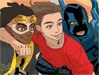 00s 2009 3boys armor black_hair blue_beetle brown_hair dark_skin dc_comics domino_mask dreadlocks eddie_bloomberg eye_mask gloves goggles jacket jaime_reyes kid_devil male_focus mask multiple_boys power_armor red_shirt ricken shirt smile static_(dc) static_shock teen_titans virgil_ovid_hawkins