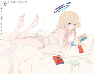 1girl art_program_in_frame barefoot bed_sheet blonde_hair blue_archive blue_hair blue_halo book breasts camisole expressionless feet_up food food_in_mouth grey_panties halo holding holding_book koharu_(blue_archive) looking_at_viewer lying okimiyage_(oitekuze_kore) on_bed on_stomach panties pillow pocky pocky_in_mouth scrunchie sideboob solo spaghetti_strap strap_slip toki_(blue_archive) underwear white_camisole wrist_scrunchie