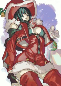1girl bare_shoulders black_hair boots breasts cleavage_cutout clothing_cutout cropped_jacket dress fingerless_gloves gloves guilty_gear hat hitsuji_kusa holding holding_sack i-no large_breasts mole mole_above_mouth red_hat sack santa_costume santa_dress santa_hat short_hair solo thigh_boots witch_hat