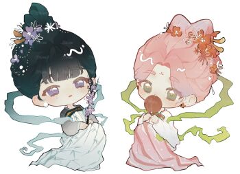 2girls alien_stage alternate_costume alternate_hairstyle black_hair bow-shaped_hair branch butterfly_earrings chibi chibi_only chinese_clothes commentary covering_own_mouth earrings english_commentary flower full_body green_eyes hagoromo hair_flower hair_ornament hand_fan hanfu highres holding holding_branch holding_fan huadian jewelry long_sleeves mizi_(alien_stage) multiple_girls open_mouth pink_hair pink_hanfu plant_request purple_eyes purple_flower qixiong_ruqun red_flower ruqun shawl simple_background sua_(alien_stage) tokitokiee tuanshan white_background white_hanfu
