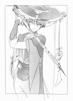 1boy absurdres armor blunt_ends buri04660072364 clenched_hand closed_mouth cowboy_shot cropped_legs fighting_stance furisode genshin_impact greyscale hand_up hat highres holding holding_sword holding_weapon japanese_armor japanese_clothes jingasa katana kimono kote layered_sleeves looking_at_viewer male_focus monochrome ox_guard scaramouche_(genshin_impact) short_sleeves shorts sketch solo sword tilted_headwear tsurime veil weapon wispy_bangs