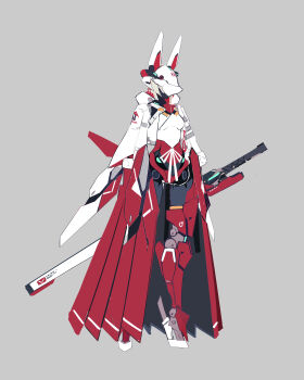 1girl absurdres animal_ears armor blonde_hair fox_ears fox_mask grey_background highres jhcrow3 joints machine mask mecha_musume original robot_joints sword weapon