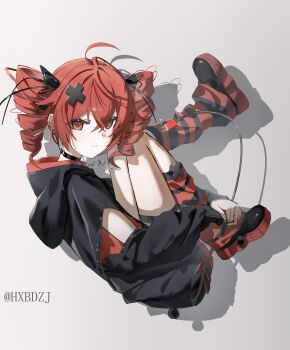 1girl absurdres ahoge alternate_costume arm_cutout belt black_belt black_choker black_shoes black_socks black_sweater choker closed_mouth clothing_cutout drill_hair fetal_position floating full_body grey_background hair_between_eyes hair_ornament hair_ribbon highres hxbdzj kasane_teto key kneehighs leg_up long_sleeves looking_at_viewer looking_to_the_side red_eyes red_hair red_socks ribbon shadow shoes simple_background smile socks solo sweater thigh_belt thigh_strap twin_drills twitter_username utau white_ribbon x_hair_ornament