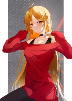 1girl absurdres ahoge black_choker black_pants black_sports_bra blonde_hair bocchi_the_rock! breasts bureoeve chain-link_fence choker commentary_request cowboy_shot dress expressionless fence forehead hands_up highres ijichi_seika light_blush long_hair long_sleeves looking_at_viewer off-shoulder_sweater off_shoulder outside_border pants parted_bangs parted_lips pillarboxed red_eyes red_sweater sidelighting sidelocks sitting solo sports_bra straight_hair sweater sweater_dress very_long_hair