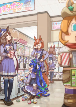 &gt;_&lt; 4girls ahoge animal_ears basket blue_hair blue_thighhighs blurry blurry_foreground bow bowtie brown_footwear brown_hair newsboy_cap clenched_hand closed_eyes ears_through_headwear food gashapon gashapon_machine glasses hand_on_own_hip hat highres horse_ears horse_girl horse_tail ikuno_(darling_in_the_franxx) indoors long_hair long_sleeves matikanetannhauser_(umamusume) multiple_girls nice_nature_(umamusume) open_mouth orange_hair pleated_skirt popcorn purple_shirt purple_skirt round_eyewear sailor_collar satomura_kyou sazae-san school_uniform sharp_teeth shirt shoes sideways_mouth skirt smile standing taiki_shuttle_(umamusume) tail tamamo_cross_(umamusume) teeth thighhighs tile_floor tiles tiptoes tracen_school_uniform twin_turbo_(umamusume) twintails umamusume white_bow white_bowtie
