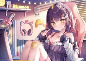 1girl ahoge animal_ear_headphones animal_ears bare_shoulders black_camisole blonde_hair blush breasts brown_eyes brown_hair camisole cleavage closed_mouth collarbone commentary_request controller fake_animal_ears feet_out_of_frame finger_to_cheek game_controller glowing hair_ornament hairclip hands_up headphones headphones_removed holding holding_stylus indoors jacket knees_up long_sleeves looking_at_viewer medium_breasts monitor nemuri_nemu night off_shoulder open_clothes open_jacket original polka_dot_camisole puffy_long_sleeves puffy_sleeves shelf sky smile solo star_(symbol) stylus thigh_strap white_jacket window_blinds