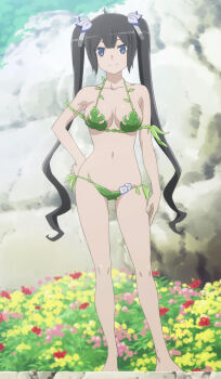 Rule 34 | 1girl, absurdres, barefoot, bikini, black hair, blue eyes, breasts, cleavage, dungeon ni deai wo motomeru no wa machigatteiru darou ka, feet, hair ribbon, hand on leg, hand on own hip, hand on own leg, hand on own thigh, hestia (danmachi), highres, large breasts, leaf bikini, long hair, looking at viewer, navel, ribbon, smile, solo, stitched, swimsuit, third-party edit