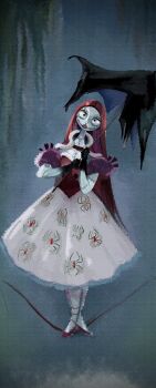 1girl bumble_tmnt colored_skin dress full_body highres holding holding_umbrella long_hair patchwork_clothes patchwork_skin pinstripe_pattern red_hair sally_(nbc) smile stitched_arm stitched_face stitches striped_clothes striped_vest the_nightmare_before_christmas umbrella vest