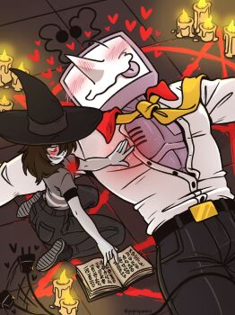 1boy 1other ant_tenna belt black_belt black_hat black_shoes blush book candle crt deltarune electric_plug electric_plug_tail grey_pants grey_shirt grin hat heart highres long_nose lying meme necktie object_head on_back other_with_male pants partially_unbuttoned pipispaints pointy_nose red_eyes shirt shirt_tucked_in shoes sitting smile soul_(deltarune) tail tail_wagging twitter_username utdr_(toby_fox) vessel_(deltarune) wariza white_shirt witch_hat yellow_necktie