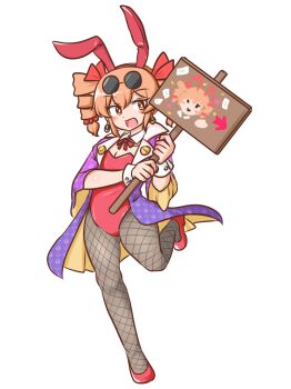 1girl animal_ear_hairband animal_ears blush breasts character_print cleavage coat detached_collar drill_hair earrings eyewear_on_head fake_animal_ears fishnet_pantyhose fishnets game_cg hairband hakurei_frontier_spell_strive highres holding holding_sign jewelry leotard looking_at_viewer mizusoba official_art open_clothes open_coat open_mouth orange_hair pantyhose playboy_bunny purple_coat rabbit_ears red_leotard red_shoes round_eyewear shoes sign smile solo strapless strapless_leotard sunglasses third-party_source touhou transparent_background twin_drills two-sided_coat two-sided_fabric wrist_cuffs yellow_coat yorigami_jo&#039;on