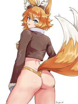 1girl absurdres animal_ear_fluff animal_ears aqua_eyes ass ass_focus bikini blonde_hair blue_eyes breasts brown_jacket cleavage collared_jacket commentary commission cropped_jacket english_commentary fgsketch fox_ears fox_tail from_behind furry furry_female genderswap genderswap_(mtf) gluteal_fold goggles goggles_on_head highres jacket looking_at_viewer looking_back looking_to_the_side millie_tails_prower multiple_tails open_clothes open_jacket personification second-party_source short_hair simple_background sonic_(series) swimsuit tail tails_(sonic) teasing thick_thighs thighs thong thong_bikini tongue tongue_out two_tails underwear white_background yellow_tail