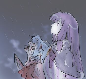 Rule 34 | 2girls, ascot, bat wings, blue hair, bow, bowtie, brooch, burning, burnt, cape, closed mouth, collar, commentary, expressionless, facing up, fangs, forked tongue, frilled collar, frills, from side, goku and vegeta in the rain (meme), gradient background, grey sky, injury, jewelry, jiyouer, long hair, looking up, major injury underreaction, meme, multiple girls, no headwear, open mouth, patchouli knowledge, pointy ears, profile, purple eyes, purple hair, rain, red ascot, red eyes, remilia scarlet, short hair, sidelocks, sketch, sky, striped clothes, tongue, touhou, upper body, vampire, vertical-striped clothes, wings