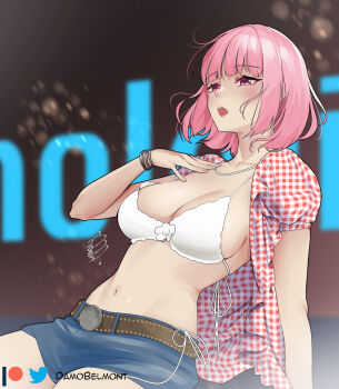 1girl artist_name belt belt_buckle bikini blue_shorts bracelet breasts brown_belt buckle commentary cosplay damobelmont denim denim_shorts english_commentary hololive hololive_english jewelry kwon_eun-bi kwon_eun-bi_(cosplay) large_breasts mori_calliope navel open_mouth patreon_logo photo-referenced pink_eyes pink_hair pink_shirt plaid_clothes plaid_shirt shirt shorts solo swimsuit twitter_logo virtual_youtuber white_bikini