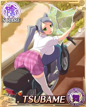 1girl :o ass beach bent_over border breasts card_(medium) character_name collared_shirt from_behind game_cg green_eyes grey_hair holding holding_map large_breasts long_hair looking_at_viewer maisen_university_high_school_uniform map midriff motor_vehicle motorcycle necktie ocean official_alternate_costume official_art pink_necktie pink_skirt plaid_clothes plaid_necktie plaid_skirt school_uniform senran_kagura senran_kagura_new_wave shirt short_sleeves skirt solo sunset swept_bangs tearing_up thighhighs tsubame_(senran_kagura) twintails white_shirt white_thighhighs