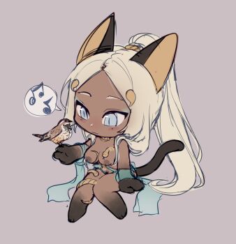 ! 1girl animal_ears bad_source barefoot beamed_sixteenth_notes bird blonde_hair blue_eyes blush breasts breasts_out cat_ears cat_tail chibi dark_nipples eighth_note high_ponytail highres jewelry large_breasts long_hair musical_note nipples nude oasis_(seeslugs) original ponytail seeslugs sketch sparrow tail unfinished