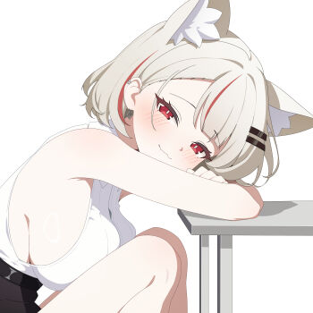1girl :3 absurdres animal_ear_fluff animal_ears arm_rest bare_shoulders blush breast_press breasts bright_pupils cat_ears cat_girl closed_mouth collared_shirt commentary earrings from_side hair_ornament hairclip halter_shirt halterneck head_on_arm head_rest head_tilt highres jewelry knees_to_chest knees_up large_breasts leaning_on_table looking_at_viewer multicolored_hair neneko_mashiro parallel_hairclips red_eyes red_hair schwarz_rubin shirt shirt_tucked_in short_hair sideboob simple_background sleeveless sleeveless_shirt smile solo stellive streaked_hair table thighs turning_head virtual_youtuber white_background white_hair white_pupils