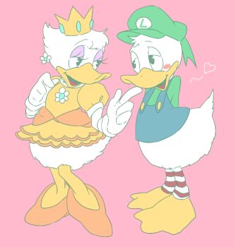 1boy 1girl cosplay crown daisy_duck disney donald_duck dress duck_boy duck_girl earrings furry hat heart jewelry luigi luigi_(cosplay) mario_(series) mickey_mouse_&amp;_friends nintendo open_mouth princess_daisy princess_daisy_(cosplay) riomario shirt smile