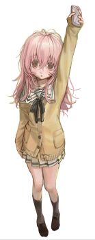 Rule 34 | 1girl, :o, arm up, black ribbon, black shoes, black socks, blush, brown eyes, cardigan, cellphone, commentary request, full body, hair between eyes, highres, holding, holding phone, kimi to kanojo to kanojo no koi., kofi-mo, long hair, looking at viewer, messy hair, mukou aoi (totono), parted lips, phone, pink hair, pleated skirt, ribbon, sailor collar, school uniform, shoes, simple background, skirt, sleeves past wrists, socks, solo, standing, white background, white sailor collar, white skirt, yellow cardigan