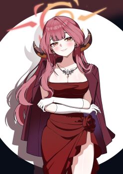 1girl absurdres aru_(blue_archive) aru_(dress)_(blue_archive) blue_archive breasts brown_horns cleavage coat coat_on_shoulders crossed_arms days_(user_zehd4554) demon_horns diamond_necklace dress earrings evening_gown gloves halo highres horns jewelry large_breasts long_hair looking_at_viewer low_horns official_alternate_costume orange_eyes pink_hair pink_halo red_coat red_dress smile solo strapless strapless_dress very_long_hair wavy_ends white_gloves
