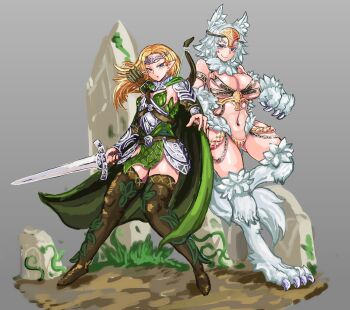 Rule 34 | 2girls, absurdres, ammunition, animal ear fluff, animal ears, arrow (projectile), belt bra, blonde hair, blue eyes, blush, body fur, boots, bow (weapon), breasts, brown boots, cape, claws, commentary request, elf, elf (monster girl encyclopedia), full body, gluteal fold, green cape, grey background, headpiece, highres, holding, holding sword, holding weapon, large breasts, monster girl, monster girl encyclopedia, multiple girls, navel, pointy ears, quiver, sword, tail, thigh boots, udetamago, weapon, werewolf, werewolf (monster girl encyclopedia), white fur, white hair, wolf ears, wolf girl, wolf paws, wolf tail