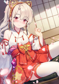 1girl animal_ears bare_shoulders blush breasts cat_ears coffeekite commentary_request fake_animal_ears fate/grand_order fate_(series) highres illyasviel_von_einzbern_(in_shumura_miko) japanese_clothes kimono long_hair nontraditional_miko red_eyes skirt sleeveless sleeveless_kimono small_breasts solo white_hair white_kimono