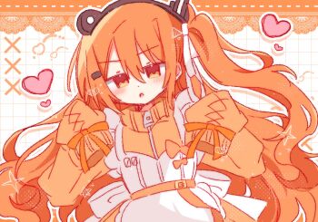 1girl a.i._voice adachi_rei alternate_hair_length alternate_hairstyle apron ganbaritaina_07 heart highres jacket jersey_maid long_hair long_sleeves looking_at_viewer maid orange_eyes orange_hair orange_jacket sleeves_past_fingers sleeves_past_wrists solo unconventional_maid upper_body utau very_long_hair white_apron zipper