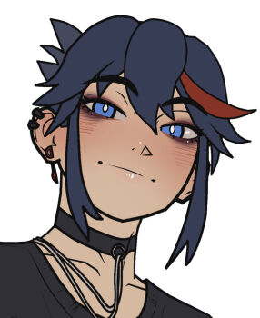 1girl black_choker black_shirt blue_eyes blue_hair blush choker collarbone earclip earrings eyelashes highres jewelry kill_la_kill light_smile looking_at_viewer matoi_ryuuko portrait red_streaks scissor_blade_(kill_la_kill) shirt short_hair sidelocks simple_background solo stopu white_background