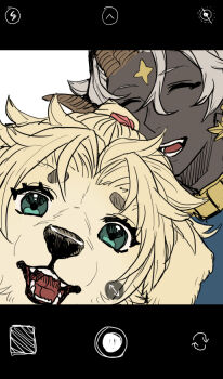 1boy 1girl blonde_hair body_fur commentary_request dog_girl fake_screenshot furry furry_female green_eyes grey_hair horns looking_at_viewer mame_moyashi original selfie sheep_boy sheep_horns short_hair upper_body user_interface yellow_fur