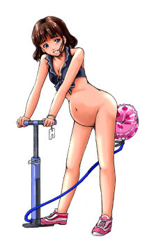 1girl air_pump bicycle_pump blue_eyes blush bottomless brown_hair female_focus full_body inflation innertube large_insertion mayonnaise_(ringo_gakuen) no_socks object_insertion original pink_shoes pump shoes simple_background smile sneakers solo standing stomach_bulge swim_ring tears white_background
