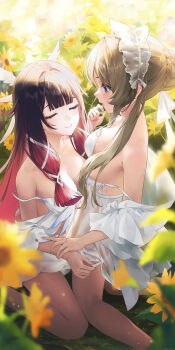 2girls absurdres alternate_costume bare_shoulders black_hair blue_eyes blurry blurry_foreground braid breasts brown_hair bun_with_braided_base chinese_commentary cleavage closed_eyes closed_mouth columbina_(genshin_impact) commentary_request dress flower genshin_impact hand_up highres kneeling large_breasts looking_at_another multicolored_hair multiple_girls open_mouth outdoors panties purple_hair sandrone_(genshin_impact) short_hair_with_long_locks sleeveless sleeveless_dress smile sunflower swkl:d two-tone_hair underwear undressing_another white_dress white_headdress white_panties