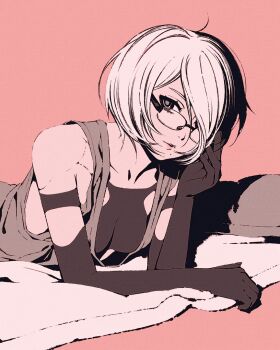 1girl a2_(nier:automata) armrest bare_shoulders black_gloves black_shirt bob_cut breasts brown_dress closed_mouth commentary dress elbow_gloves eyelashes from_side futon glasses gloves grey_eyes hair_over_one_eye hairband head_rest looking_at_viewer looking_to_the_side lying medium_breasts moshimoshibe nier:automata nier_(series) on_bed on_stomach paper_texture pillow pink_background pink_lips plunging_neckline rectangular_eyewear rimless_eyewear shirt short_hair simple_background sleeveless sleeveless_dress sleeveless_shirt solo white_hairband