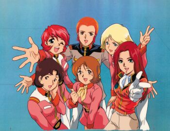 1990s_(style) 6+girls animation_paper blonde_hair blue_eyes brown_hair christina_mackenzie dokite_tsukasa earth_federation fraw_bow green_eyes gundam gundam_0080 gundam_gihren_no_yabou gundam_side_story:_the_blue_destiny highres long_hair long_sleeves looking_at_viewer matilda_ajan maureen_kitamura military_uniform mirai_yashima mobile_suit_gundam multiple_girls official_art open_mouth production_art red_hair retro_artstyle sayla_mass short_hair smile