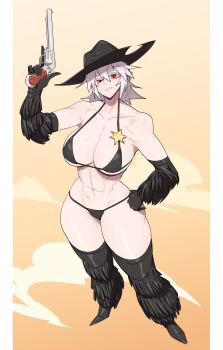 1girl abs absurdres arm_up bare_shoulders bikini black_bikini black_gloves black_hat black_shoes breasts cleavage commentary cowboy_hat cowgirl_(western) dalen_zeal english_commentary full_body gloves gun hand_on_own_hip handgun hat highres holding holding_gun holding_weapon large_breasts looking_at_viewer medium_hair navel original red_eyes revolver sheriff_badge shoes smile solo standing swimsuit thick_eyebrows toned toned_female variant_set weapon white_hair zzzeal