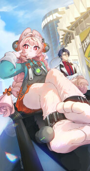 1boy 1girl :3 absurdres ahoge animal_ear_fluff animal_ear_piercing animal_ears animal_feet anklet blue_hair blue_necktie blue_sky blush braid braided_twintails bright_pupils car closed_mouth cloud damian_blackwood from_below furry furry_female green_eyes green_shirt hashtag-only_commentary highres jacket jewelry long_hair looking_at_viewer motor_vehicle nanana184555 necktie o-ring_necktie on_car open_clothes outdoors pink_fur pink_hair rabbit_ears rabbit_girl red_eyes red_shirt screw shirt short_eyebrows short_hair sitting sky thick_eyebrows twitter_username white_jacket white_pupils zenless_zone_zero zhao_(zenless_zone_zero)