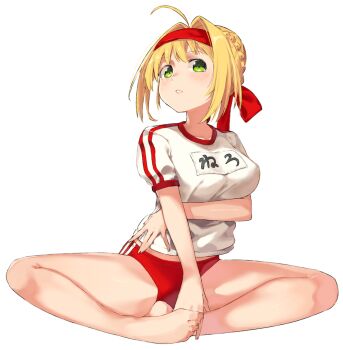 Rule 34 | 1girl, ahoge, barefoot, blonde hair, blush, braid, breasts, buruma, covered erect nipples, fate/grand order, fate (series), green eyes, gym shirt, hair bun, hair intakes, hair ribbon, kei (soundcross), large breasts, long hair, looking at viewer, name tag, nero claudius (fate), nero claudius (olympian bloomers) (fate), parted lips, red buruma, red ribbon, ribbon, shirt, short sleeves, sitting, solo, white shirt