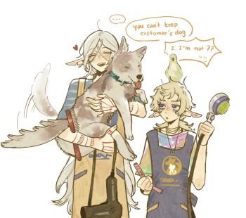 1boy 1girl absurdres animal animal_on_head apron arm_tattoo bird bird_on_head blonde_hair blush closed_eyes contemporary dog dungeon_meshi elf english_text fleki grey_hair hair_dryer hand_tattoo heart highres holding holding_animal holding_dog holding_hair_dryer holding_shower_head jewelry looking_at_another lycion necklace notched_ear nova_1810 on_head pointy_ears ponytail purple_eyes shirt short_sleeves shower_head simple_background smile speech_bubble tail tail_wagging tattoo tongue tongue_out upper_body white_background