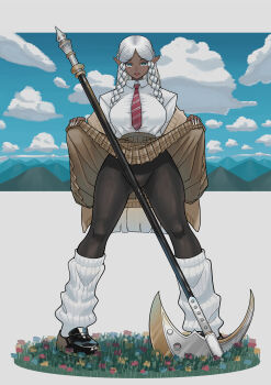 1girl :p absurdres black_shoes breasts brown_cardigan cardigan clothes_lift cloud cloudy_sky collared_shirt curvy dark-skinned_female dark_elf dark_skin earrings elf fake_nails fingernails flower_bed full_body green_eyes gyaru halberd high-waist_skirt highres jewelry kogal large_breasts legs_apart loafers long_fingernails long_pointy_ears long_sleeves looking_at_viewer loose_socks mole mole_under_eye mountain original outdoors overjav pantyhose patterned piercing pleated_skirt pointy_ears polearm school_uniform shirt shoes skirt skirt_lift sky socks solo standing taunting thick_thighs thighs tongue tongue_out weapon white_hair white_shirt white_socks wide_hips