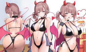 1girl apple_pie arm_at_side ass asymmetrical_sidelocks back bare_shoulders bent_over bikini black_bikini black_collar blue_eyes blunt_bangs blush breasts brown_hair cleavage closed_mouth clothing_cutout collar collarbone commentary_request cowboy_shot demon_girl demon_horns demon_tail demon_wings eating english_text food from_behind groin halterneck hand_on_wall hand_up hands_up heart highleg highleg_bikini highres holding horns large_breasts licking looking_at_viewer looking_back low_wings medium_hair mochizuki_honami multiple_views navel open_mouth pie project_sekai shiny_clothes side_ponytail sidelocks smile standing stomach swimsuit tail thighs tongue tongue_out usagi_melon3 white_background wings wristband
