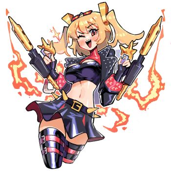Rule 34 | 1girl, absurdres, belt, belt buckle, black jacket, black skirt, black tube top, blonde hair, blush, breasts, buckle, burnice white, cleavage, crop top, cropped legs, eyewear on head, fire, flamethrower, hair ornament, highres, holding, holding flamethrower, holding weapon, jacket, kaatokun, one eye closed, orange-tinted eyewear, red-tinted eyewear, red eyes, skirt, sleeveless turtleneck shirt, smile, spiked belt, spiked jacket, strapless, sunglasses, teeth, thighhighs, tinted eyewear, tongue, tube top, twintails, weapon, zenless zone zero