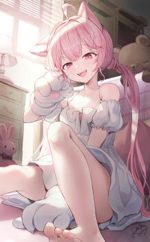 absurdres ahoge animal_ears animal_hands barefoot bed bed_sheet between_legs cat_ears ceiling collarbone commentary dress fangs feet gloves hair_ornament hand_between_legs highres indoors lerome long_hair looking_at_viewer on_floor open_mouth original paw_gloves paw_pose pink_eyes pink_hair signature sitting smile stuffed_animal stuffed_rabbit stuffed_toy symbol-only_commentary teddy_bear teeth thighs toes upper_teeth_only white_dress white_gloves window x_hair_ornament