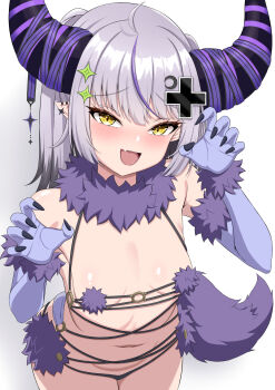 Rule 34 | 1girl, absurdres, adapted costume, ahoge, alternate costume, alternate hair length, alternate hairstyle, ashiru, black hair, black horns, blue gloves, blush, breasts, claw pose, colored tips, commentary request, cosplay, cross hair ornament, demon girl, demon horns, detached collar, elbow gloves, fang, fate/grand order, fate (series), fur-trimmed gloves, fur bikini, fur collar, fur trim, gloves, grey hair, hair ornament, highres, hololive, horns, huge horns, la+ darknesss, looking at viewer, mash kyrielight, mash kyrielight (dangerous beast), mash kyrielight (dangerous beast) (cosplay), multicolored hair, navel, o-ring, o-ring top, open mouth, pointy ears, purple tail, revealing clothes, skin fang, slit pupils, small breasts, solo, virtual youtuber, yellow eyes