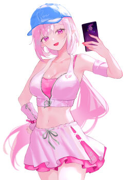 1girl absurdres bare_shoulders baseball_cap blue_hat breasts cellphone cleavage collarbone commentary cowboy_shot crop_top cyrene_(anta)_(honkai:_star_rail) cyrene_(demiurge)_(honkai:_star_rail) cyrene_(honkai:_star_rail) hand_on_own_hip hat highres holding holding_phone honkai:_star_rail honkai_(series) long_hair looking_at_viewer medium_breasts midriff nail_polish navel official_alternate_costume open_mouth phone pink_eyes pink_hair pink_nails pink_shirt pointy_ears shirt sidelocks simple_background smartphone smile solo ssamsa0404 thighs white_background