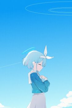 1girl aqua_halo arona_(blue_archive) blue_archive blue_hair blue_shirt blue_sky bow bowtie choker closed_eyes cloud colored_inner_hair commentary_request crying crying_with_eyes_open hair_bow hairband halo highres ikka0725 korean_commentary long_sleeves multicolored_hair pink_hair sailor_collar school_uniform serafuku shirt short_hair skirt sky smile solo tears two-tone_hair white_bow white_bowtie white_choker white_hairband white_sailor_collar white_skirt