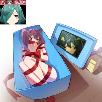 3girls absurdres akoya_matama anemo_nemo aqua_hair bdsm bondage bound box brown_hair expressionless gagged gift gift_box green_eyes hair_over_one_eye hakhpu highres hiiragi_utena indoors live_tucker_reaction_(meme) long_hair magia_baiser mahou_shoujo_ni_akogarete meme multiple_girls purple_eyes ribbon ribbon_bondage saw_(movie) screen wooden_floor yuri
