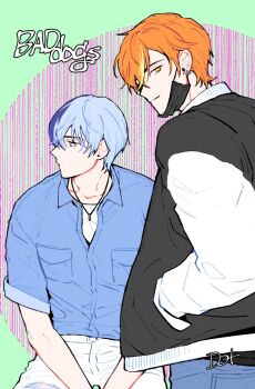 Rule 34 | 2boys, aoyagi touya, blue eyes, blue hair, blue shirt, collared shirt, earrings, english text, hand in pocket, hands in pockets, jacket, jewelry, korean commentary, letterman jacket, looking at viewer, male focus, mask, mouth mask, multicolored hair, multiple boys, necklace, orange hair, pants, project sekai, shinonome akito, shirt, short hair, to dot , two-tone hair, watch, white pants, white shirt, wristwatch, yellow eyes