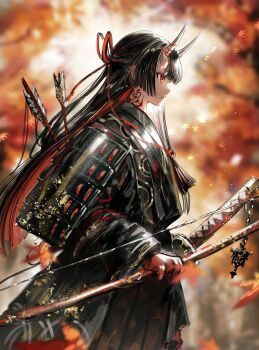 1girl absurdres armor arrow_(projectile) black_hair body_writing bow_(weapon) closed_mouth colored_inner_hair commentary ear_piercing falling_petals gawako gloves highres holding holding_bow_(weapon) holding_weapon horns japanese_armor katana long_hair multicolored_hair neck_tattoo original petals piercing red_eyes red_gloves red_hair sheath sheathed shoulder_armor sode solo sword tattoo two-tone_hair weapon