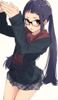 1girl arms_up black-framed_eyewear black_jacket blush brown_eyes brown_scarf commentary fingernails fringe_trim glasses grey_skirt jacket long_hair long_sleeves looking_at_viewer oogaki_chiaki own_hands_together parted_lips purple_hair revision scarf sidelocks simple_background skirt solo twintails very_long_hair white_background yukitake_(bullfalk) yurucamp